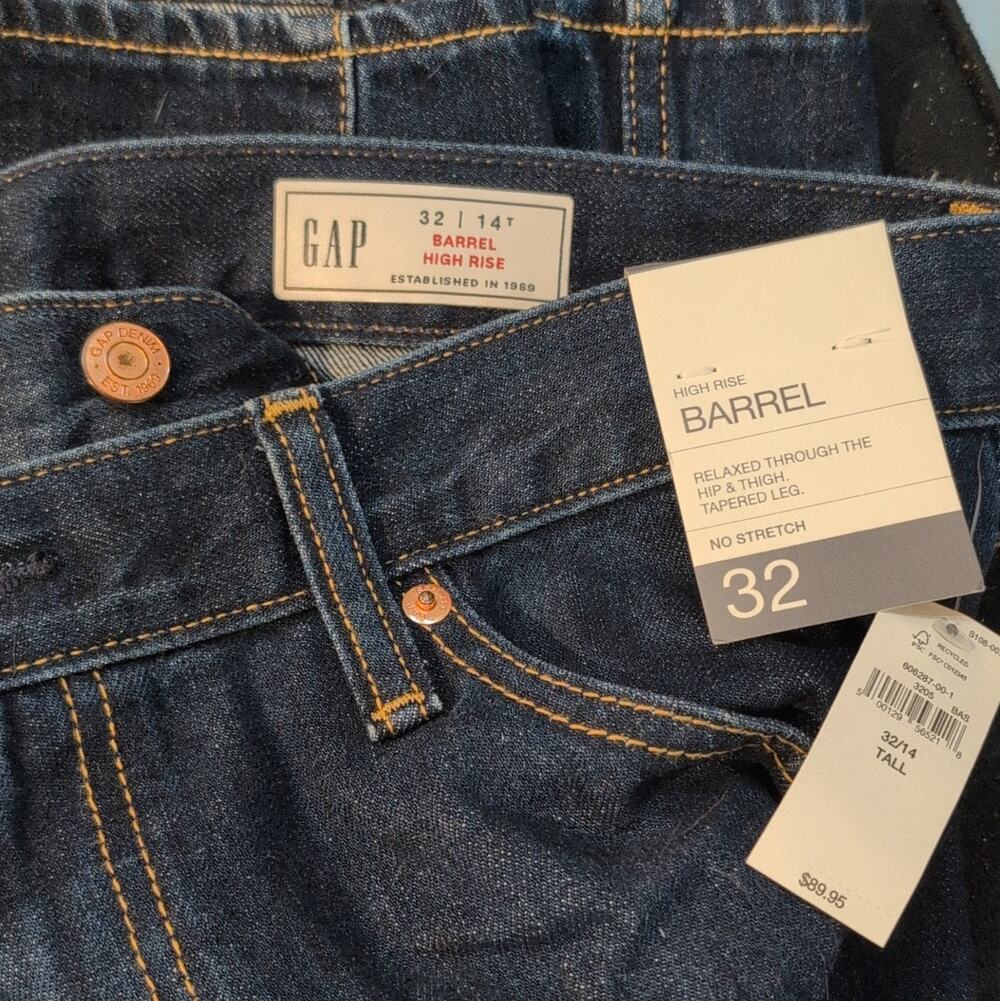 GAP Women’s High Rise Barrel Dark Wash Blue Denim Jeans Relaxed Tapered 32Tall
